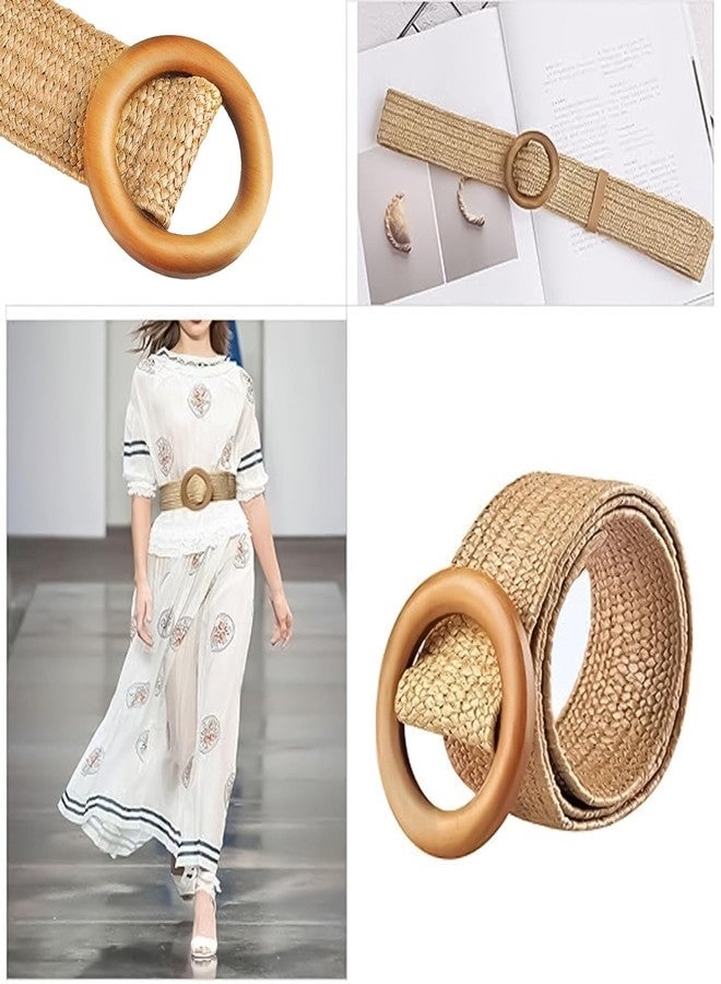Suny Smiling Boho Braided Belt Women, Womens Braided Belts, Wide Stretch Straw Woven Waist Belt with Round Buckle, Rattan Elastic Bohemian Waistband for Dresses, Jeans, Pants, Vacation Events - Image 5